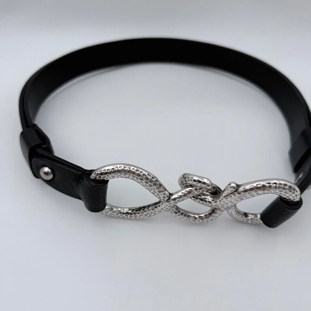 Chico's Black Leather Statement‎ Belt Hammered Silver Adjustable M/L